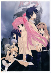 1boy 6+girls :o absurdres antenna_hair aoi_sena arm_behind_head bad_tag black_bow black_hairband black_pantyhose black_shoes blazer blonde_hair blue_hair bow bowtie brown_jacket building buttons chaos;head cloud cloudy_sky collared_shirt dynamic_pose everyone finger_to_mouth foot_up frilled_skirt frills from_side glasses green_eyes green_hair hair_between_eyes hair_bow hairband highres jacket jaw kishimoto_ayase kusunoki_yua lapels leaning_forward loafers long_hair long_sidelocks long_skirt looking_at_viewer looking_to_the_side looking_up medium_hair miniskirt multiple_girls multiple_hair_bows necktie nishijou_nanami nishijou_takumi non-web_source nose nostrils notched_lapels official_art open_collar open_mouth orihara_kozue pants pantyhose petticoat pink_eyes pink_hair plaid_bow plaid_bowtie plaid_clothes plaid_necktie plaid_pants plaid_skirt purple_eyes purple_hair red_eyes round_eyewear ruins sakihata_rimi sasaki_mutsumi school_uniform shibuya_(tokyo) shibuya_109 shirt shoes short_hair shouting side_ponytail sidelocks skirt sky teeth thighhighs tokyo_(city) tongue tower twintails upper_teeth_only wavy_hair white_petticoat white_shirt white_thighhighs worried zettai_ryouiki