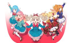 5girls :d ;) aikatsu!_(series) black_thighhighs blonde_hair blue_bow blue_bowtie blue_dress blue_hair blue_jacket blush boots bow bowtie brown_shoes closed_mouth collared_dress commentary_request dress frilled_dress frilled_skirt frills full_body gradient_hair grey_hair grin hair_ribbon high_heel_boots high_heels highres hitoto holding_hands jacket kiseki_raki knee_boots long_hair long_sleeves minato_mio multicolored_hair multiple_girls nijino_yume one_eye_closed open_clothes open_jacket open_mouth orange_eyes orange_hair ozora_akari parted_lips pink_eyes pink_hair red_bow red_bowtie red_eyes red_jacket red_ribbon ribbon shoes skirt smile textless_version thighhighs thighhighs_under_boots twintails white_background white_boots white_skirt white_thighhighs yuki_aine
