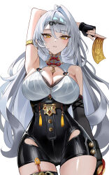 1girl absurdres arm_behind_head armpits asymmetrical_gloves bare_shoulders black_gloves breasts cleavage elbow_gloves fingerless_gloves gloves grey_hair highres large_breasts long_hair looking_at_viewer mole mole_on_chest parted_lips simple_background solo standing thaba thigh_strap tight_clothes uneven_gloves white_background yellow_eyes yi_xuan_(zenless_zone_zero) zenless_zone_zero