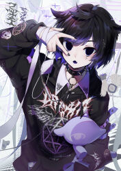 1boy androgynous bandages black_hair blue_eyes chuunibyou collar colored_tips commentary_request cross eita_789 goth_fashion haku_(eita_789) hexagram highres hood hood_down hoodie hugging_object inverted_pentagram male_focus multicolored_hair nail_polish original punk purple_hair revision short_hair solo spiked_collar spikes stuffed_animal stuffed_toy trap v yami_kawaii