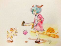 1girl animal_ears autumn_leaves baby_animal ball bamboo_broom black_shoes blush broom collar dog dog_ears dress green_eyes green_hair highres kasodani_kyouko kicking knees leaf leaf_pile open_mouth pink_dress playing puppy q-bee_(aaru) shoes short_hair smile socks touhou traditional_media white_background white_collar white_socks
