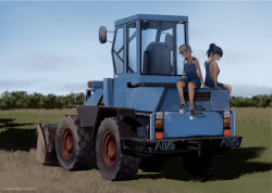 2girls baseball_cap black_hair blonde_hair blue_overalls blue_sky breasts day dead-robot hat looking_at_viewer medium_breasts medium_hair motor_vehicle multiple_girls naked_overalls original outdoors overalls ponytail short_hair sideboob sitting sky tractor white_sneakers