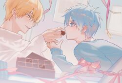 2boys adam&#039;s_apple arm_up blonde_hair blue_eyes blue_sweater bow box box_of_chocolates candy chocolate commentary_request eye_contact food highres holding holding_candy holding_food kise_ryouta korean_commentary kuroko_no_basuke kuroko_tetsuya looking_at_another male_focus multiple_boys parted_bangs parted_lips pink_bow short_hair sleeves_past_wrists smile streamers sweater turtleneck turtleneck_sweater white_sweater yaoi yuuuuuue131