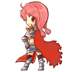 1girl ahoge armor armored_boots bikini_armor black_gloves black_thighhighs blush_stickers boots brown_eyes cape chibi chibi_only closed_mouth from_behind full_body gloves hand_on_own_hip looking_at_viewer looking_back low_twintails medium_hair pink_hair ragnarok_online red_cape rune_knight_(ragnarok_online) simple_background smile solo spiked_pauldrons standing thighhighs torn_cape torn_clothes twintails white_background yuetoko