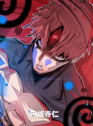 1boy afoggy dandadan earrings evil_eye_(dandadan) facial_mark highres jewelry enjoji_jin looking_at_viewer red_background red_eyes red_hair red_theme ringed_eyes short_hair simple_background solo spiral third_eye topless_male
