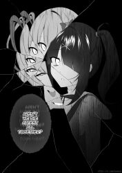 ame-chan_(needy_girl_overdose) black_hair broken_glass broken_mirror chouzetsusaikawa_tenshi-chan constricted_pupils dual_persona english_text evil_grin evil_smile glass greyscale grin hair_ornament hair_over_one_eye highres ixopod looking_at_self mirror monochrome multiple_views needy_girl_overdose open_mouth reflection reflection_focus sidelocks smile speech_bubble talking tri_tails wide-eyed x_hair_ornament