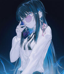 1girl black_neckerchief blue_eyes blue_hair collared_shirt fov_ps glasses highres long_hair looking_at_viewer neckerchief original shirt solo very_long_hair white_shirt