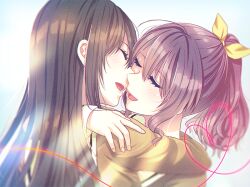 2girls arm_around_neck bang_dream! black_hair blush brown_hair closed_mouth hachikai_hacchi hair_ribbon hanazono_tae hug incoming_kiss long_hair long_sleeves multiple_girls open_collar ponytail ribbon school_uniform simple_background yamabuki_saya yellow_ribbon yuri