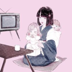 Rule 34 | 3girls, :d, aged down, baby, black hair, blue eyes, blue kimono, blunt bangs, blunt ends, blush stickers, bob cut, ceras yanagida lilienfeld, coffee mug, commentary request, crt, cup, eating, flower, flower knot, green eyes, grey hair, hair flower, hair ornament, hair ribbon, hinoshita kaho, japanese clothes, kimono, link! like! love live!, long hair, long sleeves, love live!, momose ginko, mug, multiple girls, onesie, open mouth, pacifier, pink ribbon, rabbit hair ornament, ribbon, seiza, short hair, sitting, smile, socks, teeth, two side up, v-shaped eyebrows, virtual youtuber, white flower, white socks, yoruneko yashiro