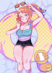Rule 34 | 1girl, black shorts, blush, breasts, cleavage, collarbone, echizen (n fns17), gen 4 pokemon, gen 8 pokemon, green eyes, grin, highres, holding, holding phone, holding removed eyewear, innertube, large breasts, midriff, nintendo, one eye closed, orange hair, phone, pokemon, pokemon (creature), pokemon swsh, rotom, rotom phone, shorts, side ponytail, smile, sonia (pokemon), sunglasses, swim ring, unworn eyewear, water, yamper