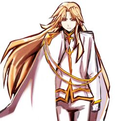 1boy angry blonde_hair brunestud_of_the_crimson_moon cape formal_clothes gloves gold_trim highres long_hair looking_at_viewer male_focus no_01r red_eyes simple_background tsukihime very_long_hair white_cape white_gloves