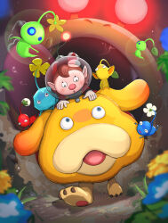1other :o absurdres bioluminescence blue_pikmin blush bulborb chasing dog flower glow_pikmin glowing gonzarez highres ice_pikmin nintendo oatchi_(pikmin) outdoors pikmin_(creature) pikmin_(series) pikmin_4 pointy_ears red_pikmin rescue_officer_(pikmin) riding running spacesuit yellow_pikmin