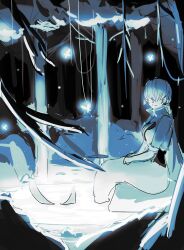 1girl breasts cleavage curvy dan_koflove female_focus fins fish fish_tail glowing huge_breasts jacket large_breasts long_hair looking_at_viewer mermaid monster_girl ponytail shermie_(kof) tail the_king_of_fighters twintails water wet