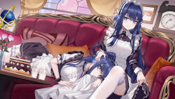 Rule 34 | 2girls, absurdres, apron, arknights, astesia (arknights), astgenne (arknights), black dress, blue eyes, blue hair, bright pupils, buttons, cake, center frills, chinese commentary, clock, commentary request, couch, cup, dial, diamond-shaped pupils, diamond (shape), dress, drink, drinking glass, flower, flower pot, food, frills, hair intakes, hand in another&#039;s hair, highres, indoors, lap pillow, light blush, long hair, long sleeves, lying, maid, maid apron, milk, multiple girls, parted lips, plant, potted plant, purple flower, roman numeral, short sleeves, sidelocks, sitting, smile, symbol-shaped pupils, table, thighhighs, white apron, white pupils, white thighhighs, wrist cuffs, wuren