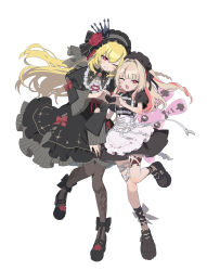 1boy 1girl apron black_jacket black_pantyhose blonde_hair blunt_bangs bow brown_hair chest_harness cleavage_cutout clothing_cutout collared_dress colored_inner_hair crossdressing crown dress fang fishnet_socks fishnets floating_hair floral_print flower frilled_dress frilled_hairband frills fuubuu gothic_lolita grin hair_intakes hairband harness heart heart_cutout heart_hands heart_hands_duo highres jacket juliet_sleeves leg_tattoo lolita_fashion long_hair long_sleeves looking_at_viewer maid_headdress makaino_ririmu makaino_ririmu_(5th_costume) multicolored_hair nijisanji official_alternate_costume official_alternate_hairstyle one_eye_closed open_clothes pantyhose pink_eyes pink_hair platform_shoes print_pantyhose puffy_short_sleeves puffy_sleeves red_eyes ringlets rose rose_print shoes short_sleeves simple_background skin_fang smile socks standing standing_on_one_leg streaked_hair tattoo thigh_strap trap two-tone_hair two_side_up uzuki_kou uzuki_kou_(3rd_costume) v-shaped_eyebrows virtual_youtuber waist_apron white_background winged_heart_tattoo