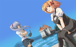 00s 2girls between_legs black_dress black_legwear black_skirt blue_sky building castle cat day dress dutch_angle fuyou_kaede hairband hand_between_legs holding light_purple_hair long_hair looking_at_viewer masakami multiple_girls orange_hair outdoors pleated_skirt primula red_ribbon ribbon short_dress short_hair shuffle! skirt sky thighhighs twintails v_arms water wind