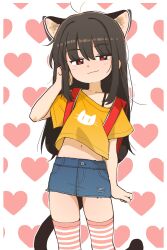 1girl :3 absurdres animal_ears backpack bag black_hair border cat_ears cat_girl cat_tail collarbone commentary denim denim_shorts english_commentary hand_in_own_hair hand_up heart heart_background highres long_hair looking_at_viewer midriff navel orenjipiiru original outside_border over-kneehighs red_bag red_eyes shirt short_shorts short_sleeves shorts smug solo striped_clothes striped_thighhighs tail thighhighs white_background white_border yellow_shirt