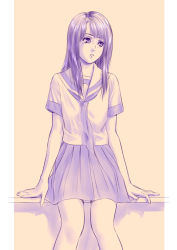 1girl female_focus legs long_hair mcq md5_mismatch monochrome original portrait purple_theme school_uniform serafuku short_sleeves sitting skirt solo