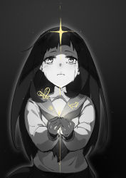 1girl bad_id bad_pixiv_id black_hair caisan chitanda_eru commentary_request crying crying_with_eyes_open female_focus greyscale highres hime_cut hyouka kamiyama_high_school_uniform_(hyouka) kyoto_animation long_hair long_sleeves looking_at_viewer monochrome school_uniform serafuku sidelocks solo tears upper_body