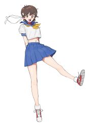 1girl :d absurdres ankle_socks antenna_hair arms_behind_back blue_sailor_collar blue_skirt blue_sleeve_cuffs breasts brown_eyes brown_hair commentary cowlick crop_top cropped_shirt dot_nose double-parted_bangs english_commentary eyebrows_hidden_by_hair floating_neckwear hair_between_eyes happy headband highres invisible_floor kasugano_sakura leaning_back leg_up light_blush long_eyelashes long_legs looking_at_viewer matheus_felipe medium_breasts messy_hair midriff miniskirt multicolored_shoes navel neckerchief open_mouth pleated_skirt popped_collar puffy_short_sleeves puffy_sleeves raised_eyebrows red_shirt red_shoes red_undershirt sailor_collar school_uniform serafuku shirt shoes short_hair short_sleeves sidelocks simple_background skirt smile sneakers socks solo standing standing_on_one_leg street_fighter tareme thick_eyelashes thighs tomboy turtleneck turtleneck_shirt two-tone_shoes white_background white_headband white_shirt white_shoes white_trim wide-eyed yellow_neckerchief