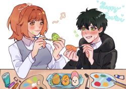 1boy 1girl black_hair black_hoodie blush brooseweyn brown_eyes brown_hair collared_shirt commission degrees_of_lewdity easter easter_egg egg green_eyes holding holding_paintbrush hood hoodie kylar_(degrees_of_lewdity) kylar_(male)_(degrees_of_lewdity) paint_palette paintbrush player_character_(degrees_of_lewdity) player_character_(female)_(degrees_of_lewdity) seimi_(seika99094145) shirt short_hair simple_background white_background white_shirt