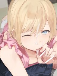 1boy apron bar_censor blonde_hair blue_eyes blush censored crossdressing cum fellatio handjob heart heart-shaped_pupils male_focus oral original penis pointless_censoring pov short_hair solo_focus sunaba_(nczd5875) symbol-shaped_pupils trap upper_body yaoi