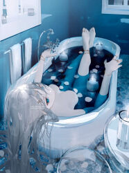 Rule 34 | 1girl, artist name, barefoot, bath, bathtub, blue eyes, blue theme, bracelet, breasts, candle, commentary, grey hair, hair ornament, hairclip, jewelry, multiple rings, nekoyama iori, nude, original, partially submerged, ring, solo, symbol-only commentary, toe ring, towel, twitter username, water