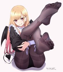 1girl ass black_nails black_panties black_pantyhose blonde_hair closed_mouth demon_tail demon_wings feet foot_focus foreshortening full_body highres kitagawa_marin leaning_back long_hair looking_at_viewer nail_polish nii_manabu no_shoes panties panties_under_pantyhose pantyhose pink_background presenting_foot puffy_sleeves red_eyes rizu-kyun simple_background sitting smile soles solo sono_bisque_doll_wa_koi_wo_suru tail thighband_pantyhose toenail_polish toenails toes underwear very_long_hair wings