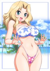 1girl :d bandeau beach bikini bikini_bottom_lift blonde_hair blue_eyes breasts cloud cloudy_sky collarbone commentary_request covered_erect_nipples cowboy_shot day girls_und_panzer highleg highleg_bikini kay_(girls_und_panzer) large_breasts large_variant_set mismatched_bikini navel open_mouth outdoors palms partially_visible_vulva pink_bikini shiny_skin sky smile solo star_(symbol) star_print stomach strap_pull strapless strapless_bikini swimsuit tanuki_yousuke variant_set white_bikini
