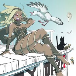 1girl aircraft airship bare_shoulders barefoot bird black_scarf blonde_hair cat crossed_legs dark-skinned_female dark_skin dress dusty_(gravity_daze) foot_out_of_frame gravity_daze gravity_daze_2 hairband highres kitten_(gravity_daze) long_hair open_mouth pungter red_eyes scarf shoes sitting smile solo strapless unworn_shoes vambraces