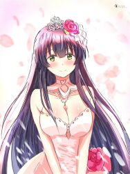 1girl alternate_hair_length alternate_hairstyle artist_name blush breasts cleavage closed_mouth collarbone commentary_request dress flower green_eyes hair_flower hair_ornament highres jewelry large_breasts long_hair looking_at_viewer petals purple_hair satya smile solo strapless strapless_dress tiara toji_no_miko very_long_hair voice_actor_connection waki_azumi wedding wedding_dress white_dress yanase_mai