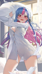 1girl bing_hayu blanc_(blanc97) blue_hair blush breasts cleavage colored_inner_hair commentary curtains embarrassed english_commentary falling_feathers feathers furrowed_brow gradient_hair hair_ornament hands_up highres holding holding_pillow incoming_attack indoors kneeling large_breasts long_sleeves looking_at_viewer luvdia morning multicolored_hair on_bed open_mouth pillow pink_eyes pink_hair shirt solo streaked_hair thighs virtual_youtuber wavy_mouth white_shirt window