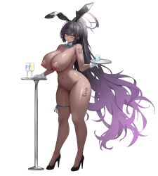 1girl absurdres animal_ears aqua_bow aqua_bowtie black_hair black_shoes blue_archive blush bow bowtie breasts completely_nude dark-skinned_female dark_skin detached_collar fake_animal_ears full_body gloves gradient_hair halo high_heels highres holding huge_breasts jasony karin_(blue_archive) karin_(bunny)_(blue_archive) long_hair looking_at_viewer multicolored_hair navel nipples nude parted_lips ponytail pumps purple_hair purple_halo pussy rabbit_ears shoes simple_background solo standing stomach thigh_strap thighs tray uncensored very_long_hair white_background white_gloves yellow_eyes