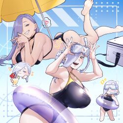 1girl absurdres ass bare_shoulders barefoot beach_umbrella bikini black_bikini black_one-piece_swimsuit blue_lips blush breasts chibi choker cleavage closed_eyes collarbone diving_mask eyeliner fate/grand_order fate_(series) goggles grin hair_over_one_eye highres hiyayaako innertube large_breasts long_hair looking_at_viewer makeup mrs._snake_(fate) multiple_views one-piece_swimsuit open_mouth smile snorkel swim_ring swimsuit thighs umbrella white_hair yellow_eyes
