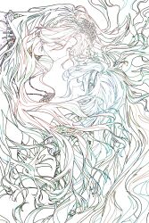 Rule 34 | 2girls, 37 (reverse:1999), absurdres, eye contact, face-to-face, floating hair, from side, hair ornament, hand up, highres, jewelry, lineart, long hair, looking at another, multiple girls, pendant, profile, reverse:1999, sophia (manus vindictae) (reverse:1999), sophia (reverse:1999), upper body, very long hair, white background, yuri, zhizhizi