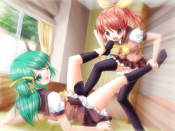 2girls blush crotch_kick crotch_rub crotch_stomping cunt_punt denki_anma female_focus female_footjob fu-ta-ba game_cg green_eyes green_hair groin_stomp haruno_futaba haruno_kazuha long_hair masochism multiple_girls one_eye_closed open_mouth pain panties piko_(mea) red_eyes red_hair school_uniform serafuku skirt smile socks spread_legs stomping thighhighs underwear wink wrestling yuri