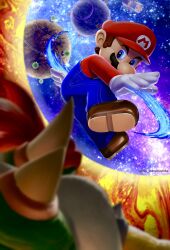 2boys arm_up artist_name attack blue_eyes blue_overalls blue_pants blurry blurry_foreground bowser brown_footwear brown_hair commentary depth_of_field english_commentary facial_hair fighting full_body gloves hat highres horns long_sleeves looking_at_another male_focus mario mario_(series) multiple_boys mustache nintendo overalls pants planet red_hair red_headwear red_shirt shell shirt shoes short_hair sky space sparkle spiked_shell spikes star_(sky) starry_sky super_mario_galaxy turtle_shell twitter_username v-shaped_eyebrows white_gloves yuuma_rimi