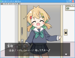 1girl :3 :d antenna_hair blonde_hair blue_serafuku blue_shirt blush_stickers closed_eyes commentary_request dialogue_box dot_nose facing_viewer green_neckerchief green_ribbon hair_ornament hair_ribbon hairclip hao_(pila-pela) long_sleeves low_twintails medium_hair microsoft_windows neckerchief open_mouth opening_door original pila-pela pleated_skirt ribbon sailor_collar school_uniform serafuku shirt skirt smile solo translation_request twintails white_sailor_collar window_(computing) windows_xp