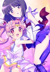 Rule 34 | 2girls, :d, back bow, bishoujo senshi sailor moon, black hair, blue boots, blue choker, blue eyes, blue sailor collar, blue skirt, boots, bow, bright pupils, chibi usa, choker, circlet, cone hair bun, crescent, crescent earrings, double bun, earrings, elbow gloves, facing another, flat chest, gloves, hair bun, highres, himehachi (hime8manga), holding hands, interlocked fingers, jewelry, knee boots, lace-up boots, leg up, magical girl, miniskirt, multiple girls, open mouth, panties, pantyshot, pink hair, pink sailor collar, pleated skirt, purple bow, red bow, red eyes, sailor chibi moon, sailor collar, sailor saturn, sailor senshi uniform, shirt, short hair, skirt, sleeveless, sleeveless shirt, smile, super sailor chibi moon, tomoe hotaru, twintails, underwear, white gloves, white panties, white pupils, white shirt, white skirt