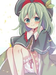 1girl bloomers capelet dorowa_(drawerslove) dress frills green_dress green_eyes green_hair green_hat hat highres long_sleeves seoi_ha smile tagme touhou touhou_shizenyu underwear