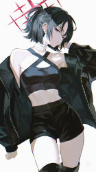 1girl absurdres alternate_costume arm_behind_head bare_shoulders black_hair black_jacket black_shirt black_shorts black_thighhighs blue_archive breasts closed_mouth commentary_request crop_top ear_piercing earrings half_updo halo halterneck hand_up highres jacket jewelry long_sleeves looking_at_viewer maria_(maria_rose) midriff misaki_(blue_archive) off_shoulder open_clothes open_jacket piercing puffy_long_sleeves puffy_sleeves red_eyes red_halo shirt short_hair shorts simple_background sleeveless small_breasts solo thighhighs thighs white_background