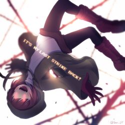 1other :d black_pantyhose bob_cut boots brown_boots brown_gloves brown_hair brown_shorts chara_(undertale) commentary_request drawstring foot_out_of_frame gloves glowing glowing_eyes green_jacket hood hood_down hooded_jacket jacket knee_boots lari-lab long_sleeves looking_at_viewer midair open_clothes open_jacket open_mouth other_focus pantyhose red_eyes shirt short_hair short_shorts shorts simple_background smile solid_oval_eyes solo storyshift teeth tongue turtleneck turtleneck_shirt undertale upside-down white_background white_shirt