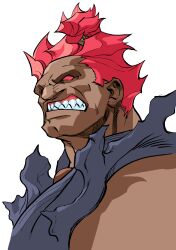 1boy akuma_(street_fighter) angry beads bengus clenched_teeth dougi game_cg highres male_focus muscular non-web_source official_art open_mouth portrait prayer_beads red_eyes red_hair sharp_teeth simple_background solo street_fighter street_fighter_zero_(series) teeth topknot torn_clothes torn_sleeves upper_body white_background
