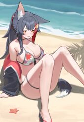 1girl absurdres animal_ears autumn_leaves bare_shoulders beach bikini black_hair black_jacket breasts cleavage commentary_request deaver hair_ornament hairpin highres hololive jacket knees_up large_breasts leaf leaf_print looking_at_viewer ocean off_shoulder official_alternate_costume official_alternate_hairstyle ookami_mio ookami_mio_(hololive_summer_2019) open_clothes open_jacket open_mouth outdoors ponytail red_eyes sand single_ear_down solo swimsuit tail virtual_youtuber white_bikini wolf_ears wolf_girl wolf_tail