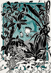 2boys aqua_theme bird black_shorts border commentary creature foliage forest grass highres leaf multiple_boys nature original outdoors plant shorts smile solid_circle_eyes spot_color standing symbol-only_commentary takitasaki tree vines white_border