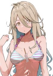 1girl absurdres ahoge arm_up bikini blonde_hair breasts cleavage collarbone commentary_request frilled_bikini frills hair_between_eyes highres jyuunen-kun large_breasts long_hair looking_to_the_side make_heroine_ga_oo_sugiru! narrow_waist navel shikiya_yumeko simple_background solo striped_bikini striped_clothes swimsuit underboob upper_body very_long_hair wavy_hair yellow_eyes