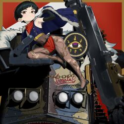 Rule 34 | 1girl, absurdres, armored vehicle, black hair, boagnnnnnnn, covered navel, crop top, elbow gloves, expressionless, flat chest, flats, gloves, highres, jacket, jacket on shoulders, looking at viewer, original, pantyhose, red eyes, short hair, solo, vehicle request, weapon request