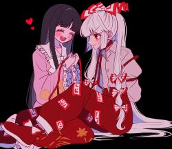 2girls black_background black_hair blush bow closed_eyes commentary footwear_bow fujiwara_no_mokou hair_bow heart highres holding holding_leash houraisan_kaguya leash long_hair multiple_girls ofuda ofuda_on_clothes open_mouth red_eyes simple_background symbol-only_commentary ta_mi_01000 teeth tongue touhou upper_teeth_only very_long_hair white_hair yuri