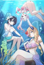 2nd_generation_(hololive) 3girls armlet bikini black_hair black_horns blonde_hair blue_eyes bracelet braid braided_ponytail breast_tattoo breasts center-flap_bangs closed_mouth commentary demon_girl demon_horns demon_tail demon_wings detached_sleeves dreamoon dress earrings english_commentary feet frilled_bikini frilled_dress frills gradient_hair grey_hair hair_between_horns hand_up highres hololive holonatsu_paradise horns jewelry large_breasts legs long_hair looking_at_viewer medium_breasts multicolored_hair multiple_girls nakiri_ayame nakiri_ayame_(holonatsu_paradise) navel necklace official_alternate_costume official_alternate_hairstyle oni oozora_subaru oozora_subaru_(holonatsu_paradise) open_mouth outdoors parted_lips pink_bikini pink_hair pointy_ears puffy_detached_sleeves puffy_short_sleeves puffy_sleeves purple_bikini purple_sarong red_eyes red_hair sandals sarong short_hair short_sleeves sidelocks sitting skin-covered_horns skirt smile stomach streaked_hair swept_bangs swimsuit tail tattoo thighlet toes twintails underwater upside-down virtual_youtuber white_bikini winged_heart winged_heart_tattoo wings yuzuki_choco yuzuki_choco_(holonatsu_paradise)