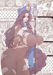 1girl blue_tabard bodystocking braid braided_ponytail breasts cleavage eyelashes gloves goddess_of_victory:_nikke hat highres holding holding_mace holding_weapon jun_wu_mo large_breasts legs long_hair looking_at_viewer mace maiden_(ice_rose)_(nikke) maiden_(nikke) mitre see-through_bodystocking smile tabard thick_thighs thighs torn_bodystocking torn_clothes weapon
